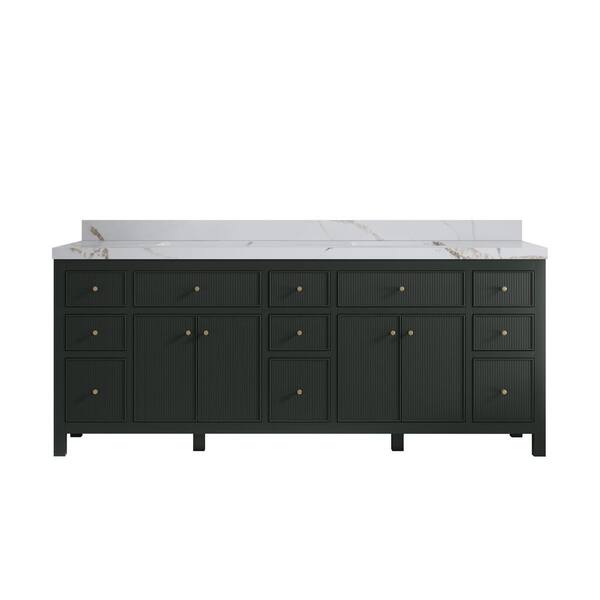 Willow Collections Sonoma 84 in. Double Sink Freestanding Dark Green Bath Vanity with Calacatta Gold Qt. Top Unassembled