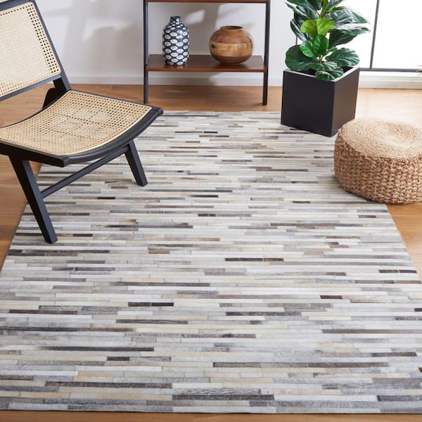Studio Leather Ivory Grey Doormat 3 ft. x 5 ft. Striped Area Rug