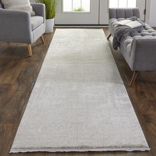 2 X 8 Tan, Ivory Abstract Runner Rug