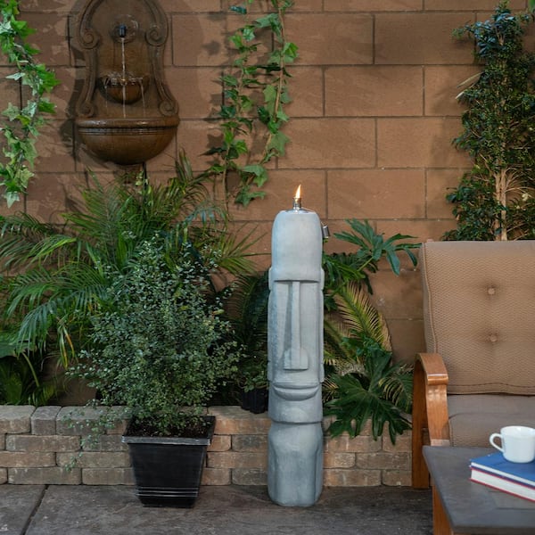 42 in. Tall Indoor/Outdoor Cement Moai Head Statue with Oil Torch Lamp
