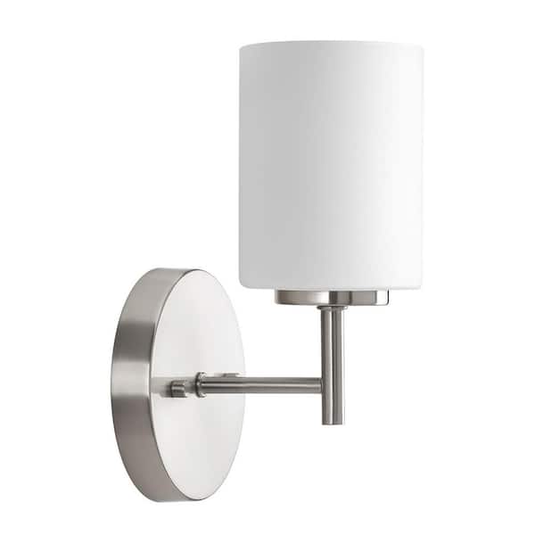 Replay Collection 5-1/4 in. 1-Light Brushed Nickel Etched White Glass Modern Bathroom Vanity Wall Light