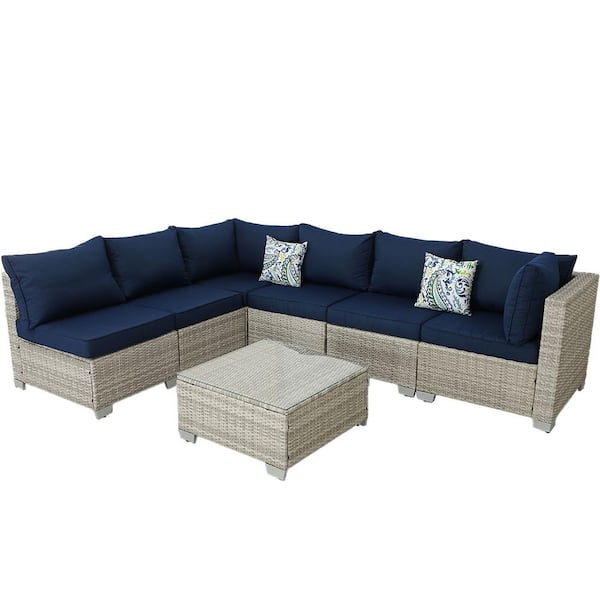 Zeus & Ruta 7-Piece Gray and White Metal Outdoor Sectional Set Straight Back Sofa Set with Pillows and Dark Blue Cushions for Patio