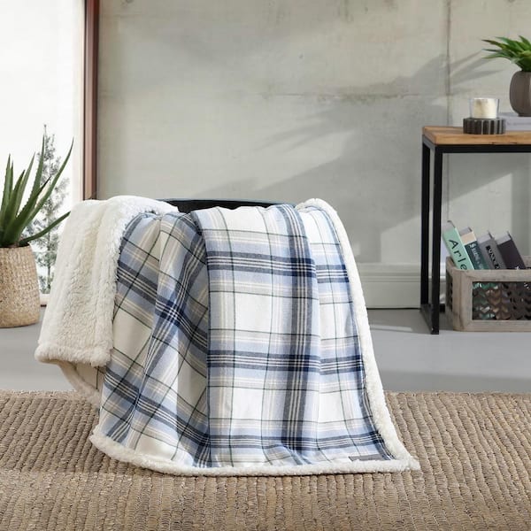 Eddie Bauer Edgewood Plaid Sherpa Blue Cotton Throw Blanket