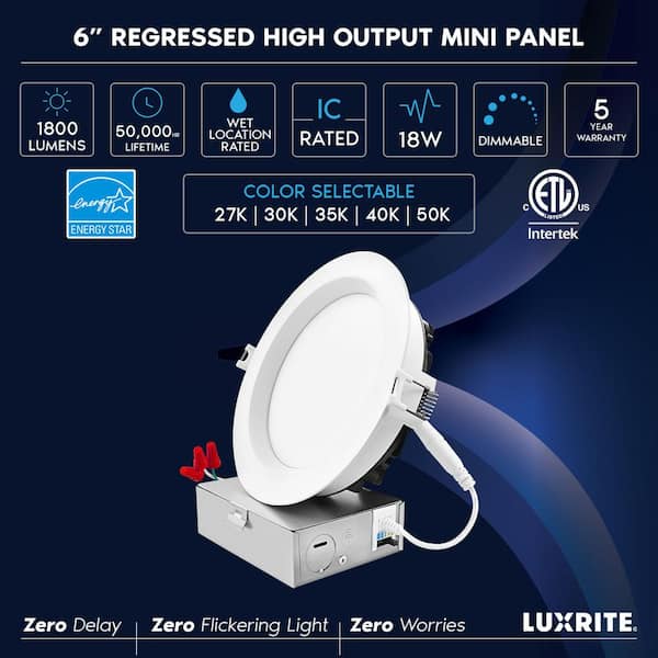LUXRITE 6 in. Canless with J-Box 18W 5CCT Selectable 1800LM