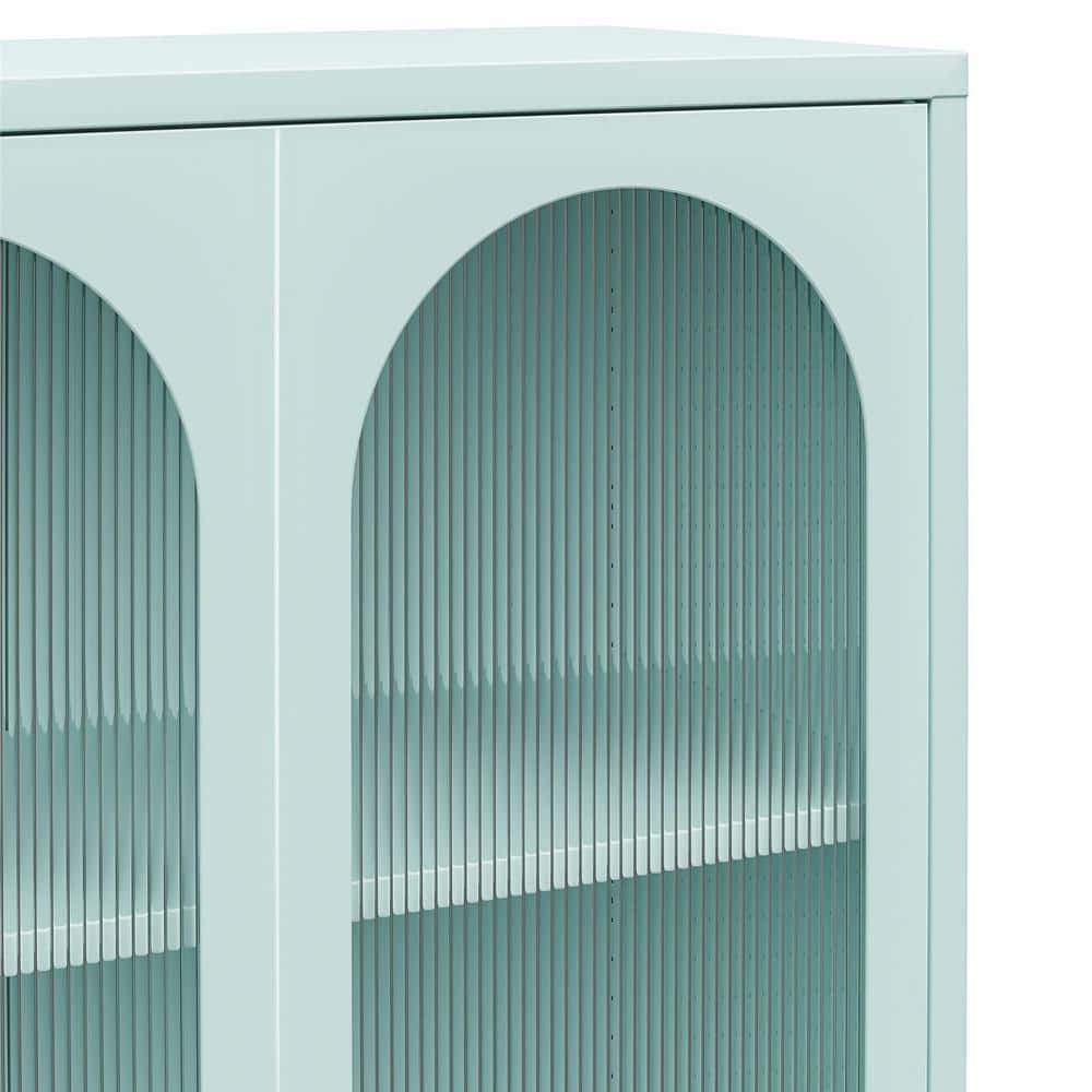Sky Blue Tall Metal Accent Cabinet with Fluted Glass Doors