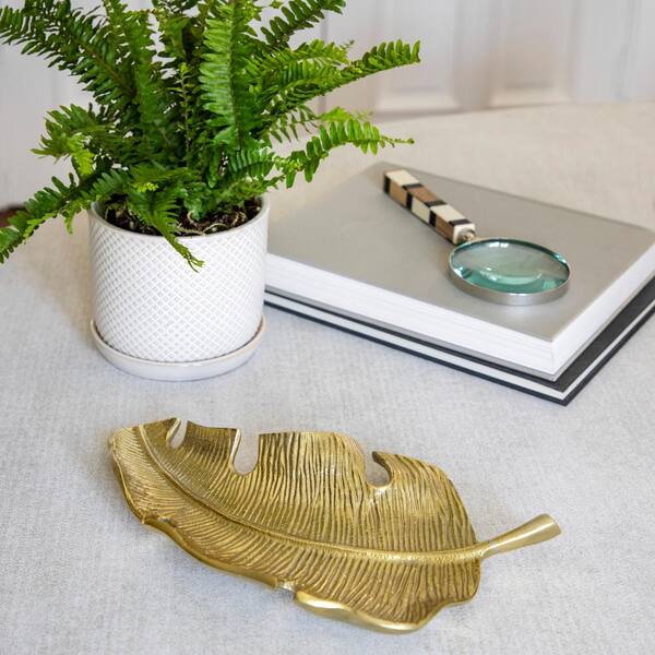 Liv & Skye Gold Metal 13 in. Tropical Leaf Tray