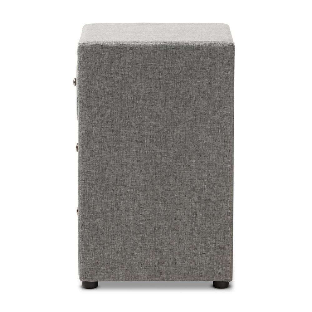 Contemporary Grey Fabric 3-Drawer Nightstand with Chrome Knobs
