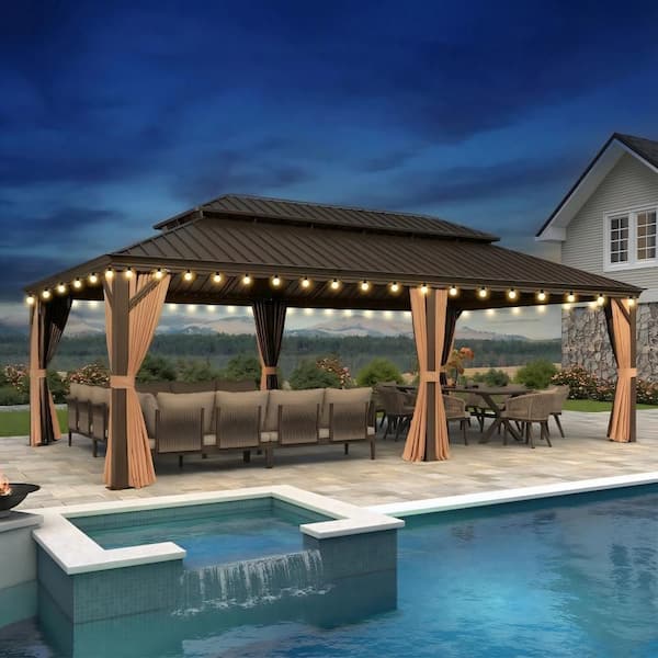 14 ft.x 24ft.Bronze Luxury Aluminum Frame Hardtop Gazebo for Patio Deck Backyard Netting Hooks Upgraded Curtain 48Lights