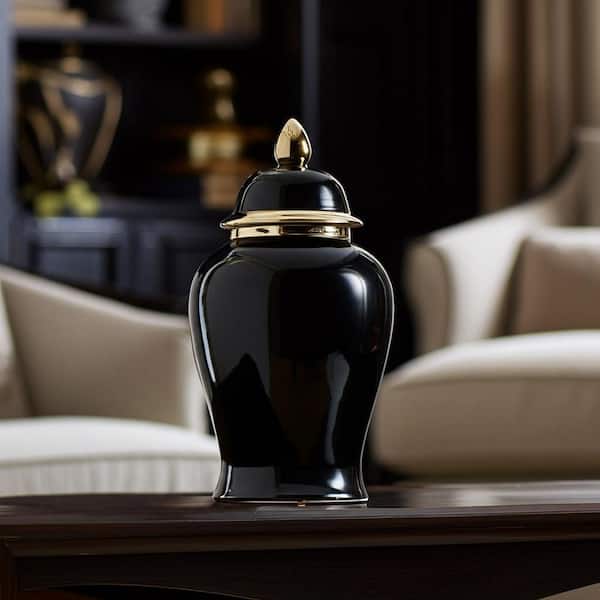 18 in. Black/Gold Stoneware Round Traditional Temple Jar