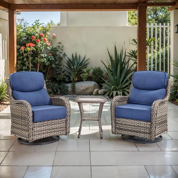 Arcadia Gray 3-Piece Wicker Swivel Rocker Patio Conversation Set with 6 in. Thick Navy Blue Cushions and Side Table