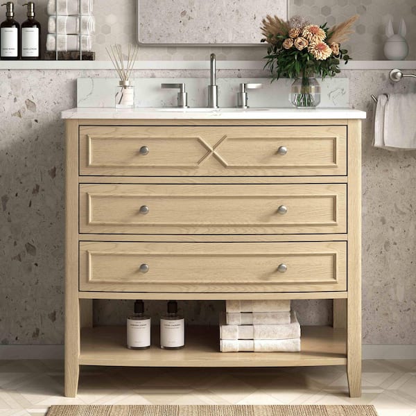 Melva 37 in. Single Sink Freestanding Oak Bath Vanity with Carrara White Engineered Stone Top and Backsplash Assembled