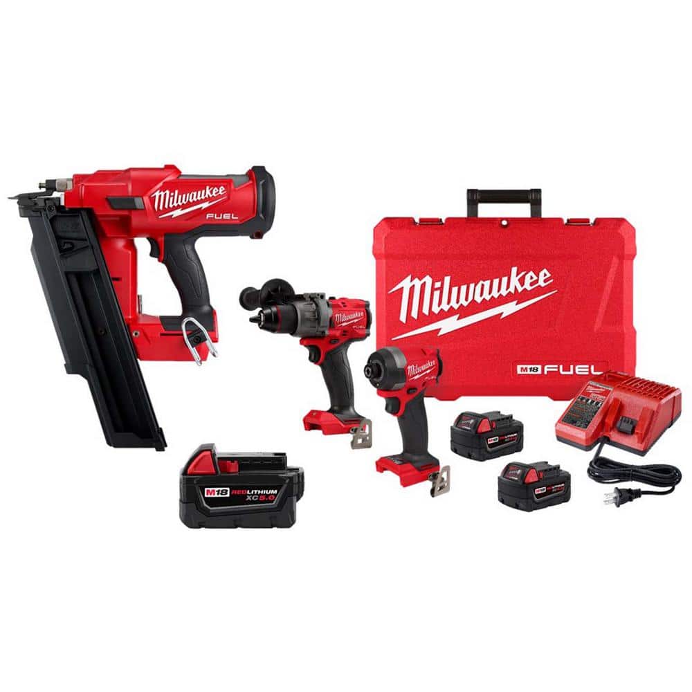 Milwaukee M18 3-1/2 in 21-Degree Cordless Nailer,M18 FUEL Hammer Drill & Impact Driver Combo Kit w/ 2 Batteries,M18 2.0 Ah Battery