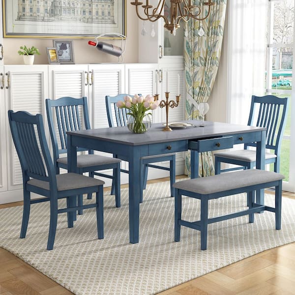 Harper & Bright Designs 6-Piece Antique Blue MDF Top Dining Table Set Seats 6 with 4-Linen Upholstered Chairs, 1-Gray Bench, 1 Real Drawer
