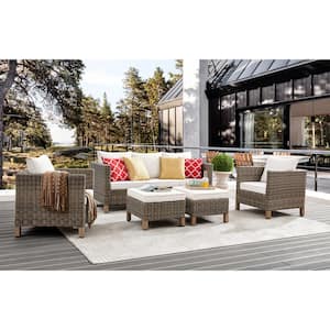 5-Piece Wicker Patio Conversation Set with Beige Cushions