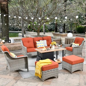 Tulip A Gray 6-Piece Wicker Patio Storage Fire Pit Conversation Sofa Set with Orange Red Cushions