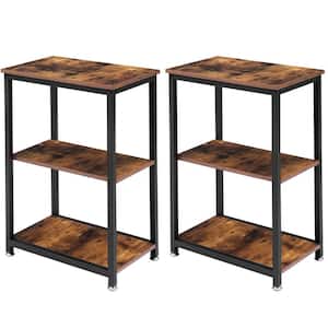 3-Tier Brown Side Table，Stable Open Book Shelves with Metal Frames, Rectangle End table，13.8"W x 21.6"D x 30"H，Set Of 2