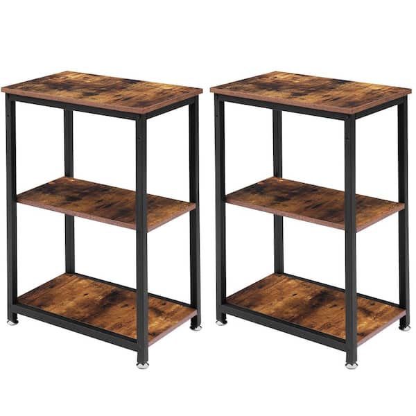 VECELO 3-Tier Brown Side Table，Stable Open Book Shelves with Metal Frames, Rectangle End table，13.8"W x 21.6"D x 30"H，Set Of 2