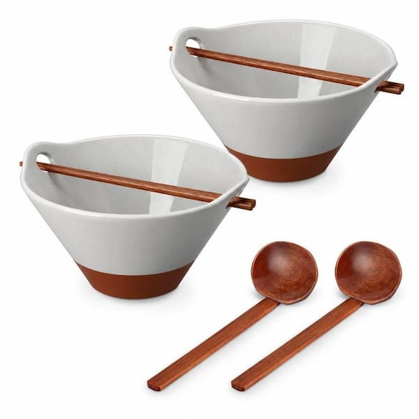 42 fl. oz. Gray Ceramic Soup Bowl with Wooden Spoon and Chopsticks for Ramen, Pho, Noodles, Ramen Bowls (Set of 2)