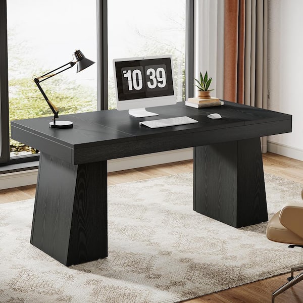 Moronia 55.1 in. Rectangle Black Wood Executive Desk with Double Trapezoid Base, Computer Desk Business Workstation Desk