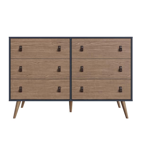 Manhattan Comfort Amber 6-Drawer Blue and Nature Double Dresser (35.8 in. H x 53.7 in. W x 17.9 in D)