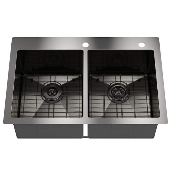 33 in. Drop-In Double Bowl Gunmetal Black Stainless Steel Kitchen Sink with Drainage Grid and Drain Assembly
