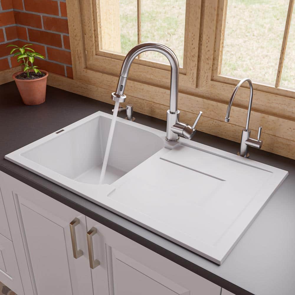 34'' White Granite Single Bowl Kitchen Sink with Drainboard