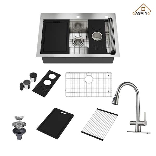 CASAINC Handmade 33 in. All-in-One Topmount Drop-in Single Bowl 18-Gauge Stainless Steel Kitchen Sink with Kitchen Faucet