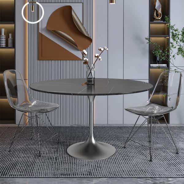 Leisuremod Verve Modern 48 Round Dining Table with Sintered Stone Tabletop in Chrome Stainless Steel Pedestal Base, Black