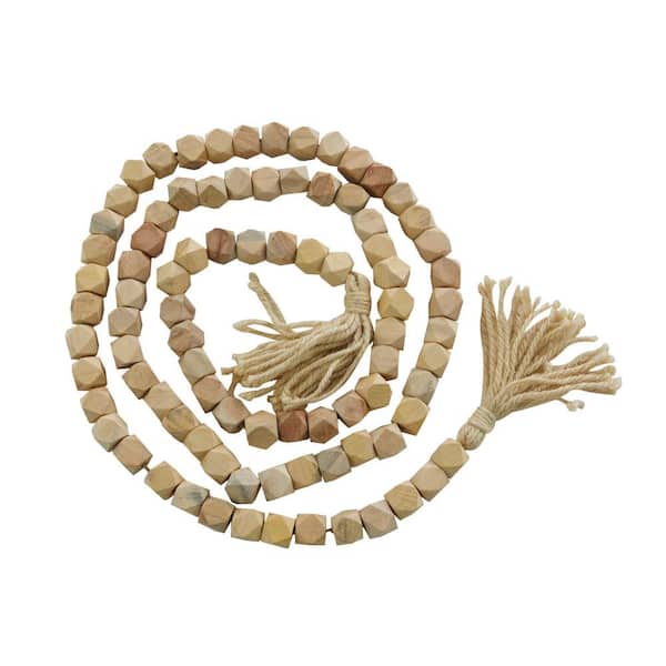 Litton Lane Light Brown Handmade Mango Wood Hexagon Carved Geometric Long Beaded Garland with Tassel