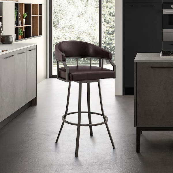 Armen Living Palmdale 36 in. Brown Low Back Java Brown Metal 26 in. Swivel Bar Stool with Faux Leather Seat