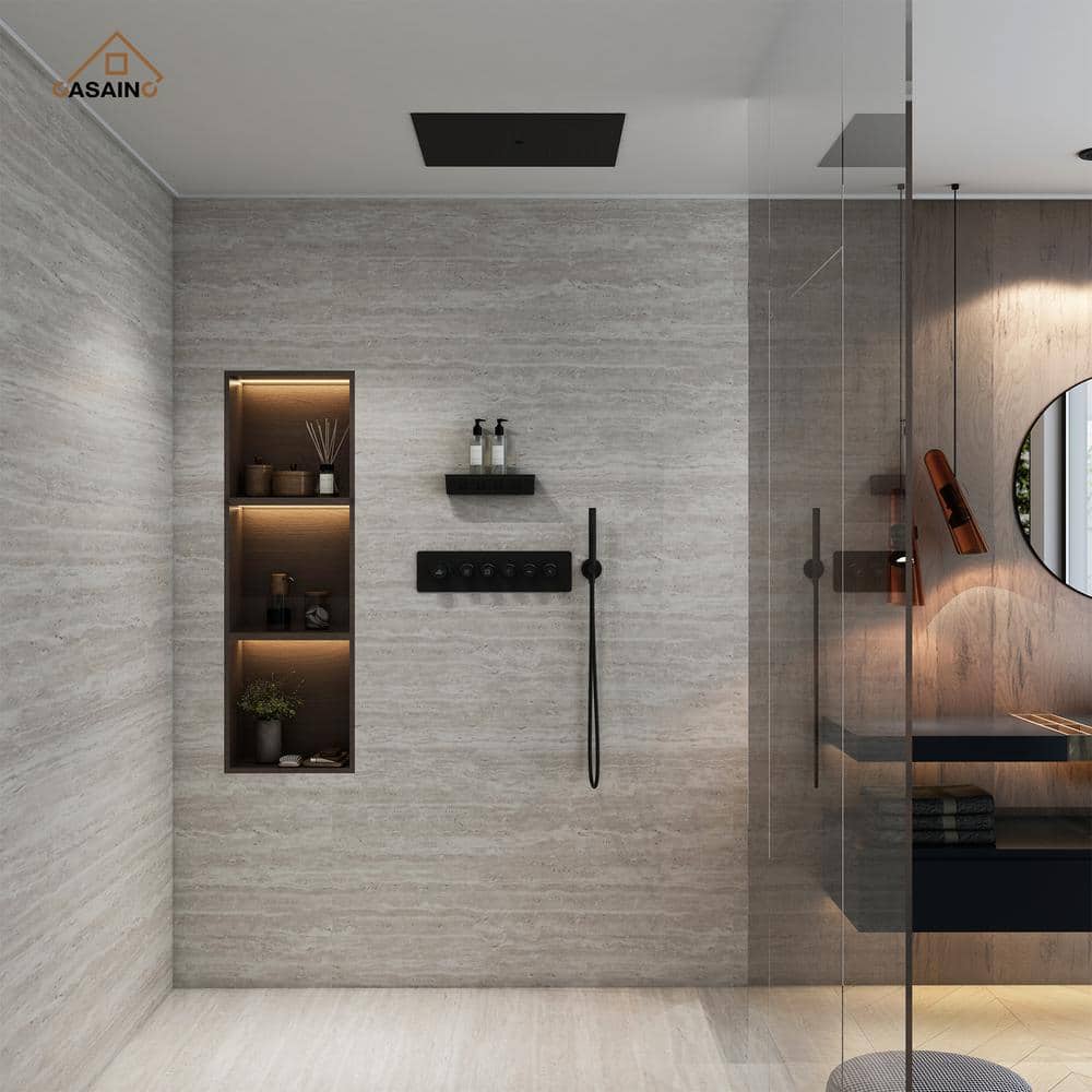 Matte Black Thermostatic Shower System with Rainfall and Jet Functions