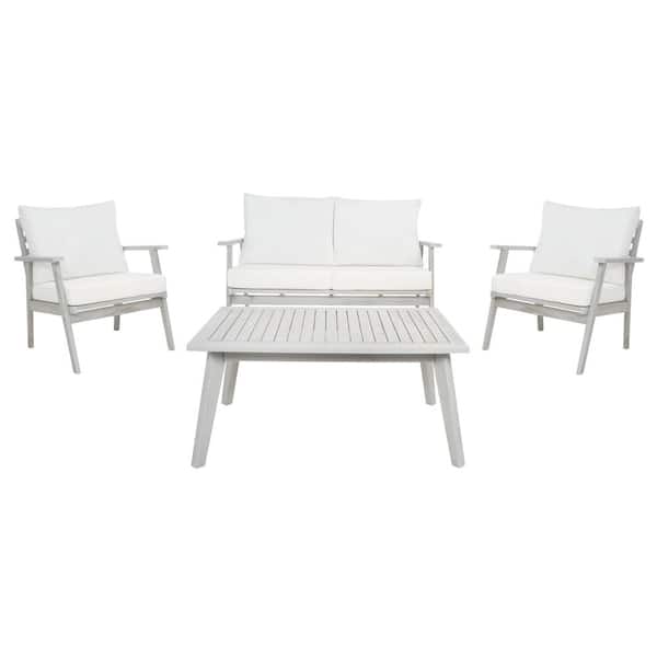 SAFAVIEH Castalia Gray 4-Piece Wood Patio Conversation Set with Beige Cushions