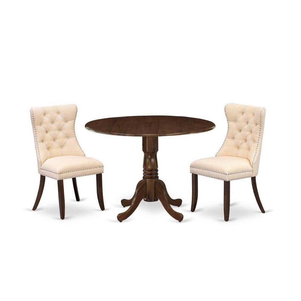 3-Piece Antique Walnut Finish Solid Wood Top-Round Upholstered Dining Room Set with Dropleaf-Seats 4