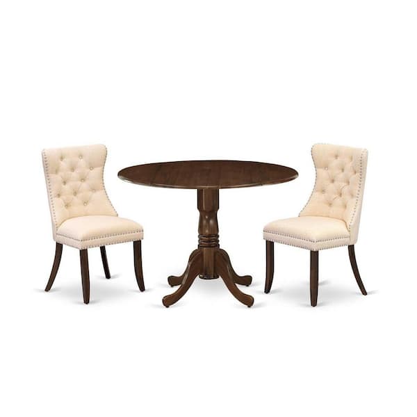 East West Furniture 3-Piece Antique Walnut Finish Solid Wood Top-Round Upholstered Dining Room Set with Dropleaf-Seats 4