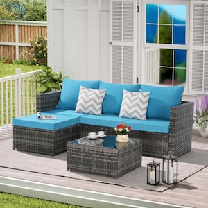 Gray 2-Piece Wicker L- Shaped Patio Conversation Set with Light Blue Cushions, Ottoman and Detachable Table