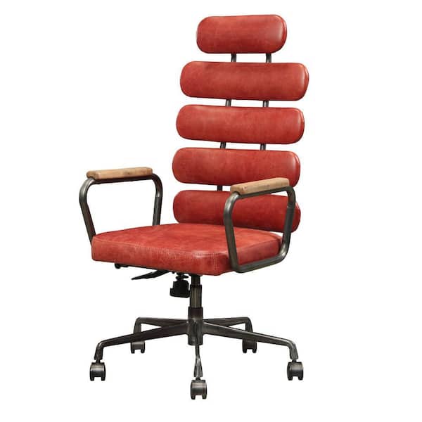 Benjara Red and Gray Leatherette Metal Swivel Executive Chair with Five Horizontal Panels Backrest