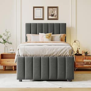 Gray Wood Frame Twin Size Linen Upholstered Platform Bed with Trundle, 3-Drawers and Height Adjustable Headboard