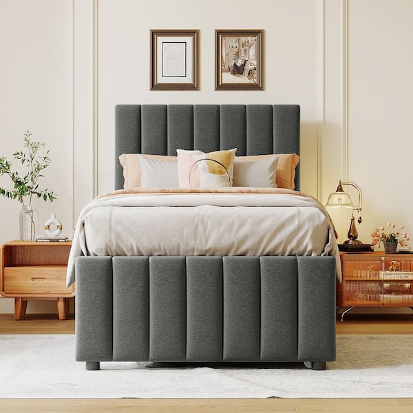 Harper & Bright Designs Gray Wood Frame Twin Size Linen Upholstered Platform Bed with Trundle, 3-Drawers and Height Adjustable Headboard
