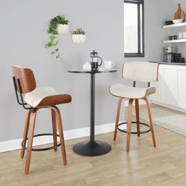 Lumisource Lombardi 26.75 in. Cream Noise Fabric, Walnut Wood and Black Metal Fixed-Height Counter Stool Round Footrest (Set of 2)