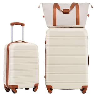 3-Piece Brown White Spinner Wheels Luggage Set with Handbag