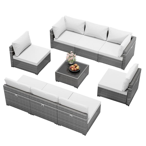 9-piece Wicker Sectional Seating Group with White cushions