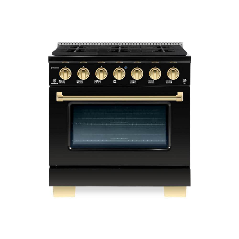 BOLD 30 in. 4.2 Cu.Ft. 4 Burner Freestanding All Gas Range with Gas Stove and Gas Oven, Glossy Black with Brass Trim -  Hallman, HBRG30BSGB