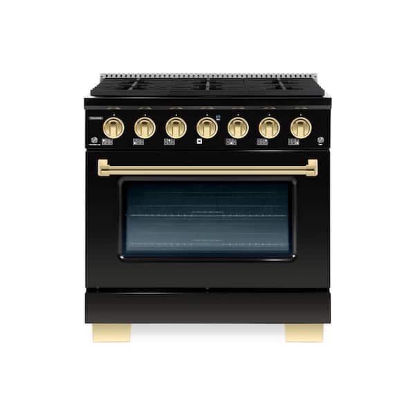 Hallman BOLD 30 in. 4.2 Cu.Ft. 4 Burner Freestanding All Gas Range with Gas Stove and Gas Oven, Glossy Black with Brass Trim
