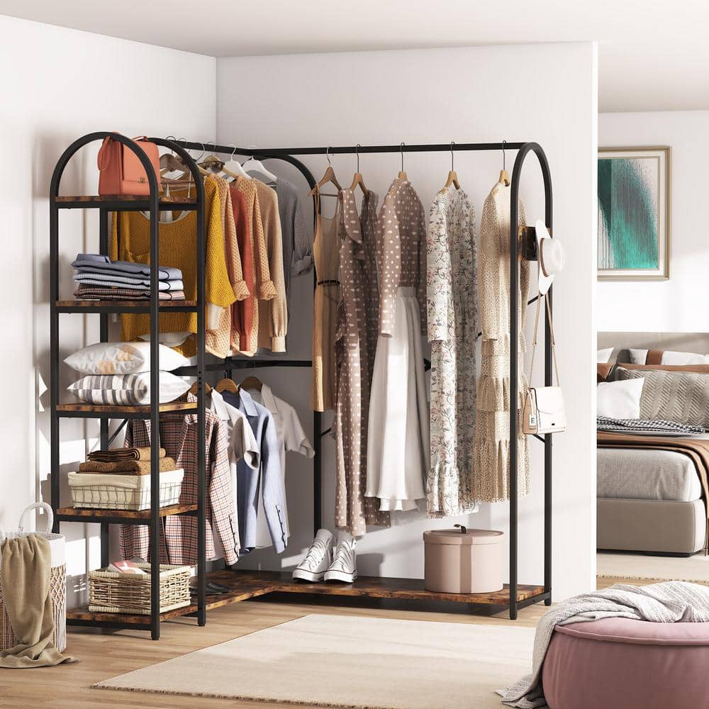 Carmalita Rustic Brown and Black L-Shaped Corner Garment Rack Closet Organizer with Storage Shelves and Coat Rack - thumbnail 7