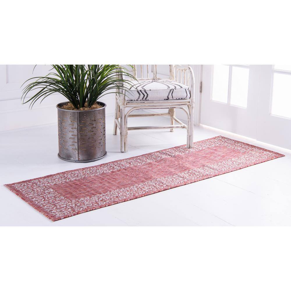 Rust Red Floral Easy-Care Outdoor Synthetic Runner Rug