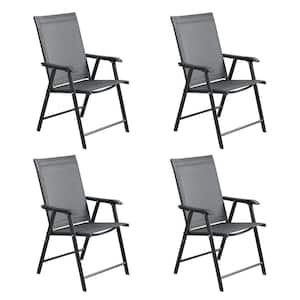 Textilene Sling Folding Outdoor Dining Chair with Armrest in Black (Set of 4)