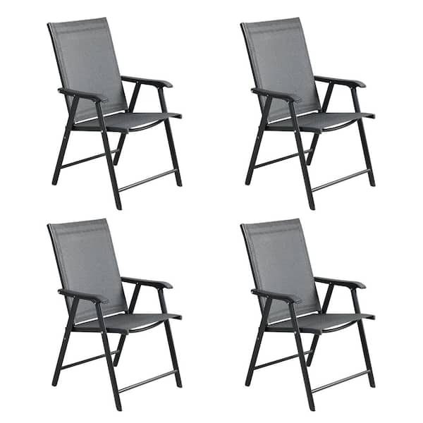 Aoodor Textilene Sling Folding Outdoor Dining Chair with Armrest in Black (Set of 4)