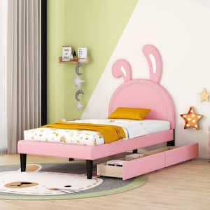 Pink Wood Frame Twin Size PU Leather Upholstered Platform Bed with Rabbit Ears Headboard, 2 Storage Drawers