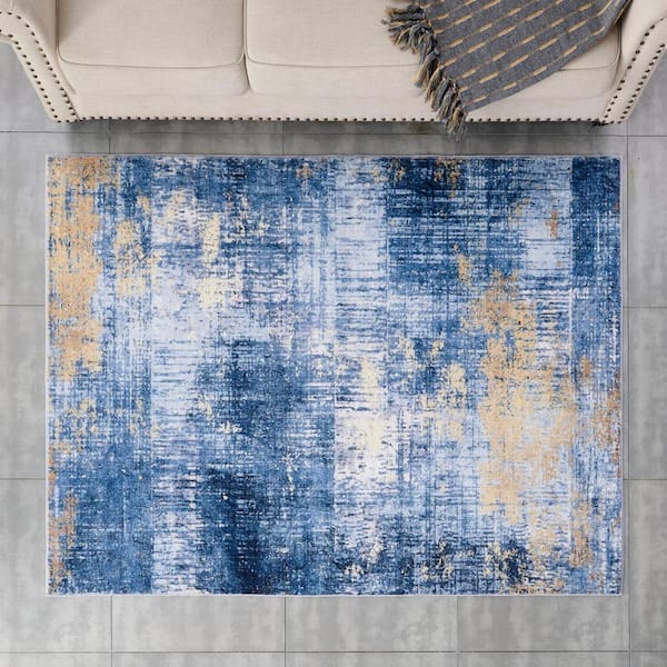 Blue and Gold 4 ft. x 6 ft. Abstract Area Rug