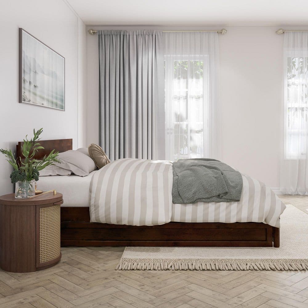 Walnut Queen Wood Platform Bed with Trundle and Headboard